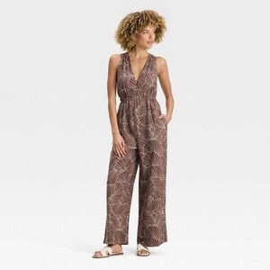 Brown Shell Print Sleeveless Wide Leg Jumpsuit V-Neck Smocked